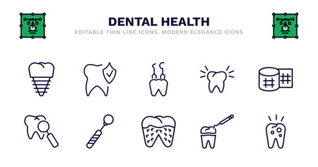 set of dental health thin line icons. dental health outline icons such as prophylaxis, dental hook, clean tooth, gauze, check up, mouth mirror, bacteria in mouth, tooth filling, decay vector.