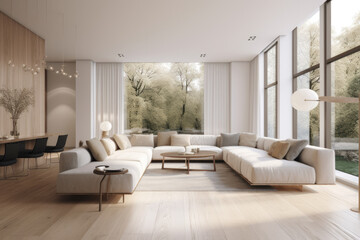 Naklejka na ściany i meble Modern living room, white furniture, floor-to-ceiling window,, minimalist staging, AI Generative