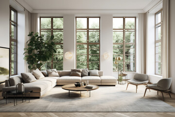 Fototapeta na wymiar Modern living room, white furniture, floor-to-ceiling window,, minimalist staging, AI Generative