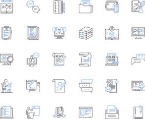 Blogging line icons collection. Content, Posts, Writing, Readers, Engagement, Promotions, Influencers vector and linear illustration. Traffic,Searchability,Social outline signs set