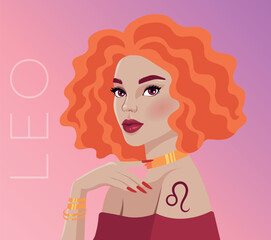 Vector illustration of the zodiac symbol Leo. Illustration of the astrological sign as a beautiful girl.