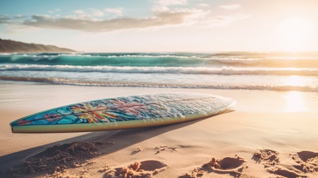 Buntes Surfbrett an einem tropischen Strand vor sch&ouml;nem Meereshintergrund, Generative AI