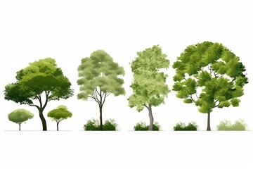 Fototapeta premium Collection of abstract green tree side view isolated on white background. generative ai illustrations