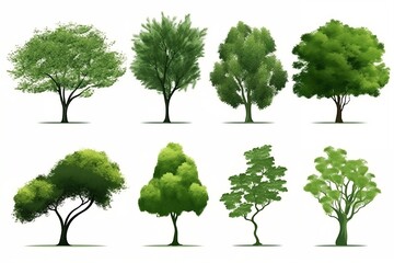 Fototapeta premium Collection of abstract green tree side view isolated on white background. generative ai illustrations