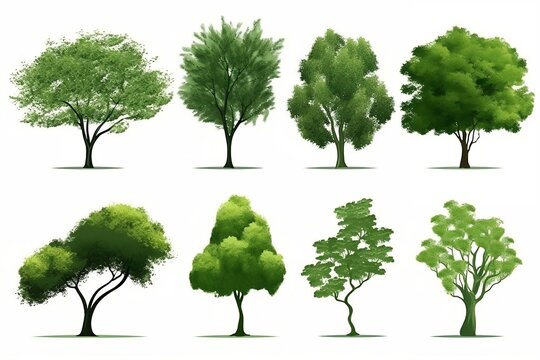 Collection of abstract green tree side view isolated on white background. generative ai illustrations