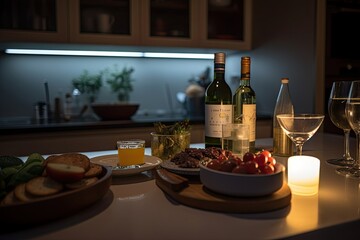 Drinks and food on a table with a kitchen in the background. Generative AI