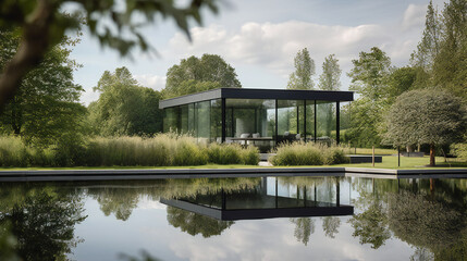 Fototapeta na wymiar Modern summer house by the lake, glass and steel architecture, minimalist garden, serene and luxurious, generative AI