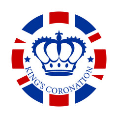 Royal crown in flat style on a round british flag background with text King's coronation. Badge, emblem, logo in honor of the coronation of the new King of England. Vector illustration. - obrazy, fototapety, plakaty