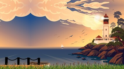 "Lighthouse Serenity - Blue Illustration Desktop Wallpaper"