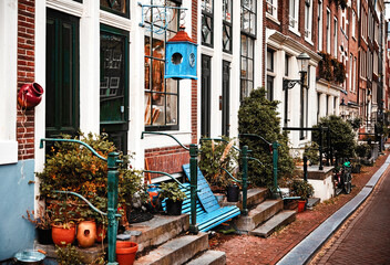 Fototapeta na wymiar Amsterdam, Netherlands. Autumn Street with Traditional Houses. Flowers in Flowerpots, House Entrance Decoration Natural Plants and amsterdam city Urban Landscape