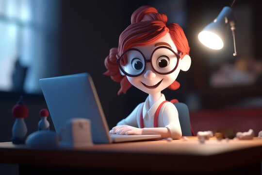 The Girl Is Working On A Laptop. Illustration 3d Cartoon Style. Generative AI