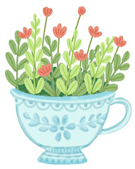 bouquet of flower in the teacup isolated on white background ' Hand drawn pastel, oil pastel and chalk illustration