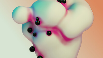 Liquid fluid dynamic abstract animated white metaball floating spheres blobs drops bubbles in transition deformation beige background with black little pearls 3d render for presentation business adds