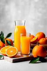 Ripe bio oranges and a glass of fresh squeezed orange juice on white wooden background. Organic Sicilian oranges