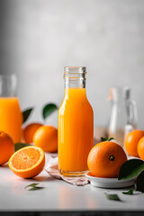 Ripe bio oranges and a glass of fresh squeezed orange juice on white wooden background. Organic Sicilian oranges