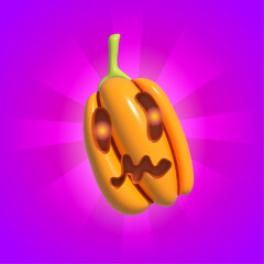 Halloween Realistic 3d Orange Pumpkin with scared face. 3d rendered object. Design element isolated on purple background.