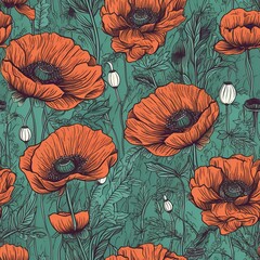 Organic Hand-Painted Acrylic Poppy Flowers Repeating Pattern. A Beautiful and Striking Line Art Print. Generatde AI.