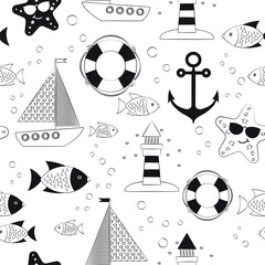 Pattern with ships, lighthouse. Black and white - 594036512