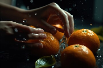 Hands of woman washing ripe orange under faucet in the sink kitchen. made with generative AI