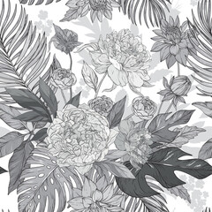 Pattern with Peonies, roses, chrysanthemums