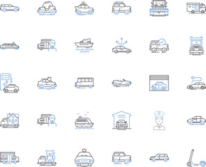 Truck and haulage line icons collection. Transportation, Logistics, Cargo, Delivery, Freight, Heavy-duty, Warehousing vector and linear illustration. Transporter,Trucker,Payload outline signs set
