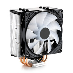 Cooler computer fan isolated on white. Active CPU cooler with large finned heatsink, fan, copper...