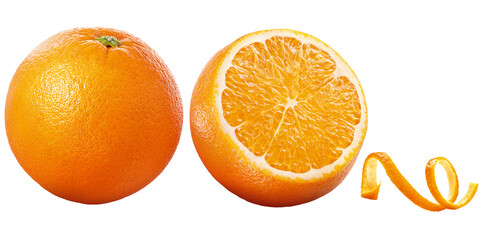 Laranja inteira, laranja cortada e raspa de laranja em fundo transparente