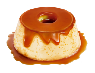 Delicioso pudim de leite condensado com calda de caramelo em fundo transparente - pudim de baunilha com calda de açúcar queimado