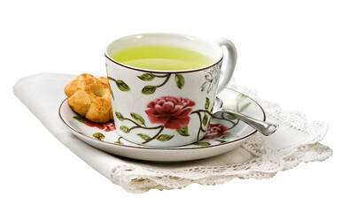 Obraz na płótnie Canvas xícara de porcelana estampada de flores com chá relaxante acompanhado de biscoito em fundo transparente