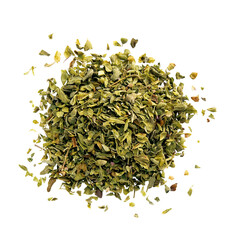 pilha de folhas de orégano seco em fundo transparente