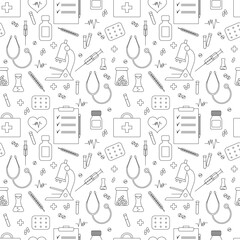 Medical black and white seamless pattern, clinic vector illustration. Hospital thin line icons - thermometer, pills, microscope, tests, drugs, syringe, stethoscope.