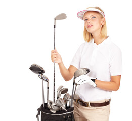 Thinking, golf and a woman caddy on PNG, isolated on a transparent background for sports or...