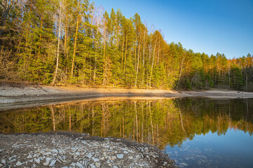 Panoramic spring landscape of a lake with a forest, stumps on the shore, Russia, Ural