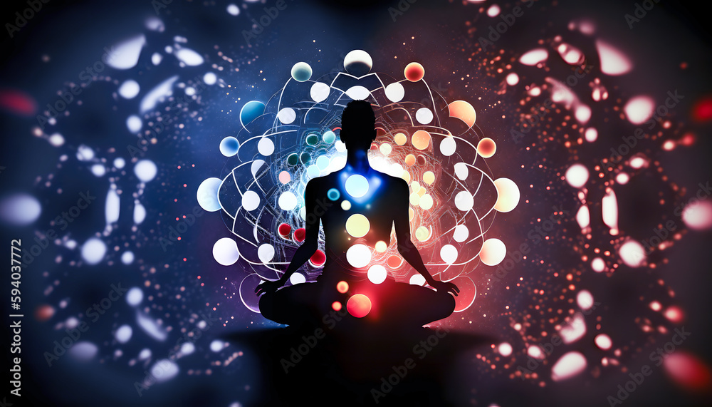 Wall mural astral yoga silhouette of human in cosmic space meditate. back view man practicing transcendental sp
