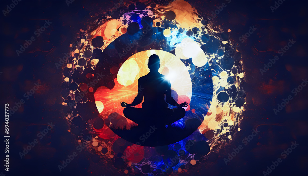 Wall mural astral yoga silhouette of human in cosmic space meditate. back view man practicing transcendental sp