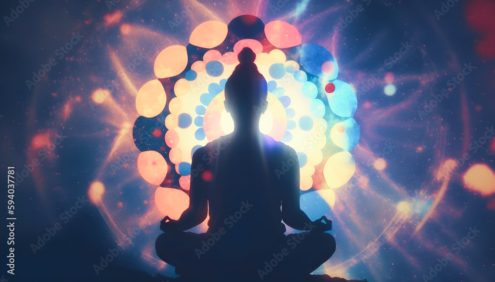 Wall mural astral yoga silhouette of human in cosmic space meditate. back view man practicing transcendental sp
