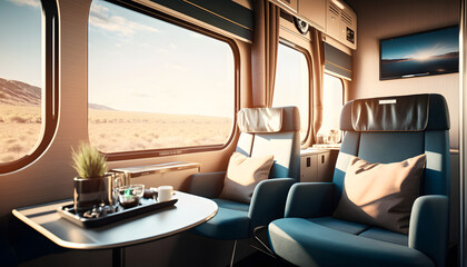 luxury interior in private modern business train railway and sunlight in window. Generation AI