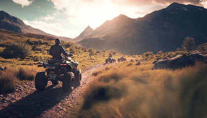 Group people riding atv vehicle on offroad track in touristic tour, sun light. Generation AI