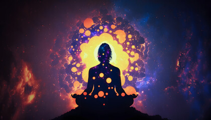Fototapeta na wymiar Astral yoga silhouette of human in cosmic space meditate. Back view man practicing transcendental spiritual meditation. Generation AI