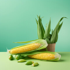 fresh corn on table top with styling, American sweet corn. 