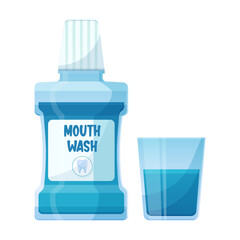Mouthwash plastic bottle with glass. Oral Care equipment, medical and dentistry healthcare. Vector illustration in cartoon style isolated on white background.