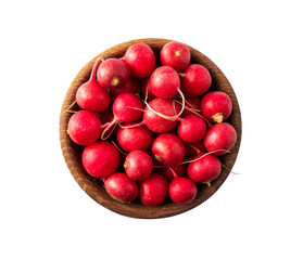 Bowl with fresh red radish isolated on white background. Close-up. Large pile of fresh radishes on white background. Top view, image with copy space.