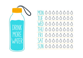 Water tracker vector template with bottle of water. Vector illustration.