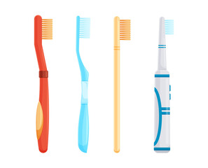 Teeth brushes set. Oral Care equipment, medical and dentistry healthcare. Vector illustration in cartoon style isolated on white background.