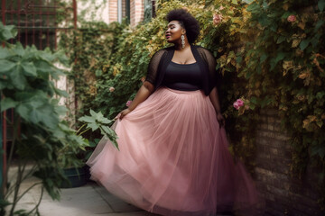 Fototapeta premium Generative AI illustration of plus size beautiful and happy black woman walking down the street with a pink tulle skirt