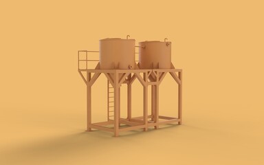 Concept yellow icon style oil steel fermentation storage vats liquid production tanks with pipes factory landscape manufacture back right perspective view 3d rendering image