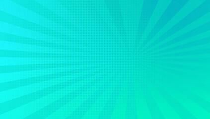 light green and blue background with radial lines in pop art style. bright blue sunburst rays background with half tone dots. comic or cartoon concept background with blank space for design.