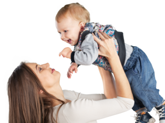Happy mother with sweet baby boy on white background