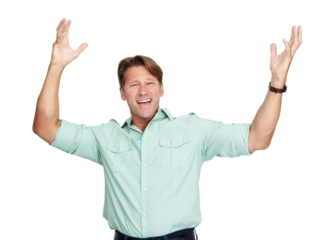 Portrait, hands up or excited businessman in celebration or success or deal isolated on png background. Crazy winner, transparent or happy person cheering to celebrate winning or victory achievement