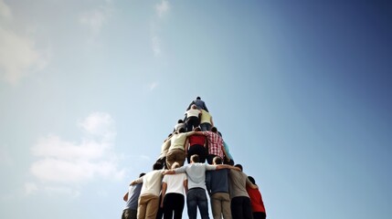 A group of diverse people forming a human pyramid, with copyspace above their heads Generative ai.